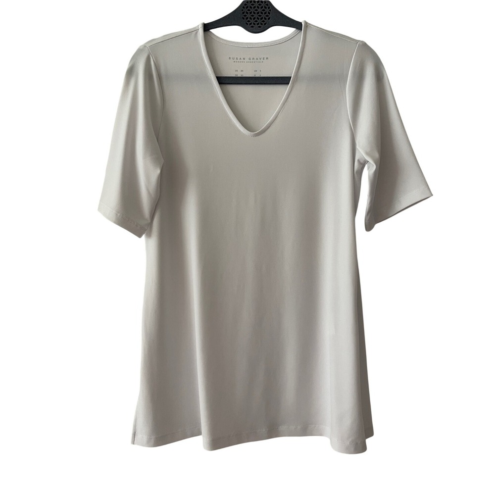 Susan Graver White Liquid Knit V Neck Tunic T Shirt XS